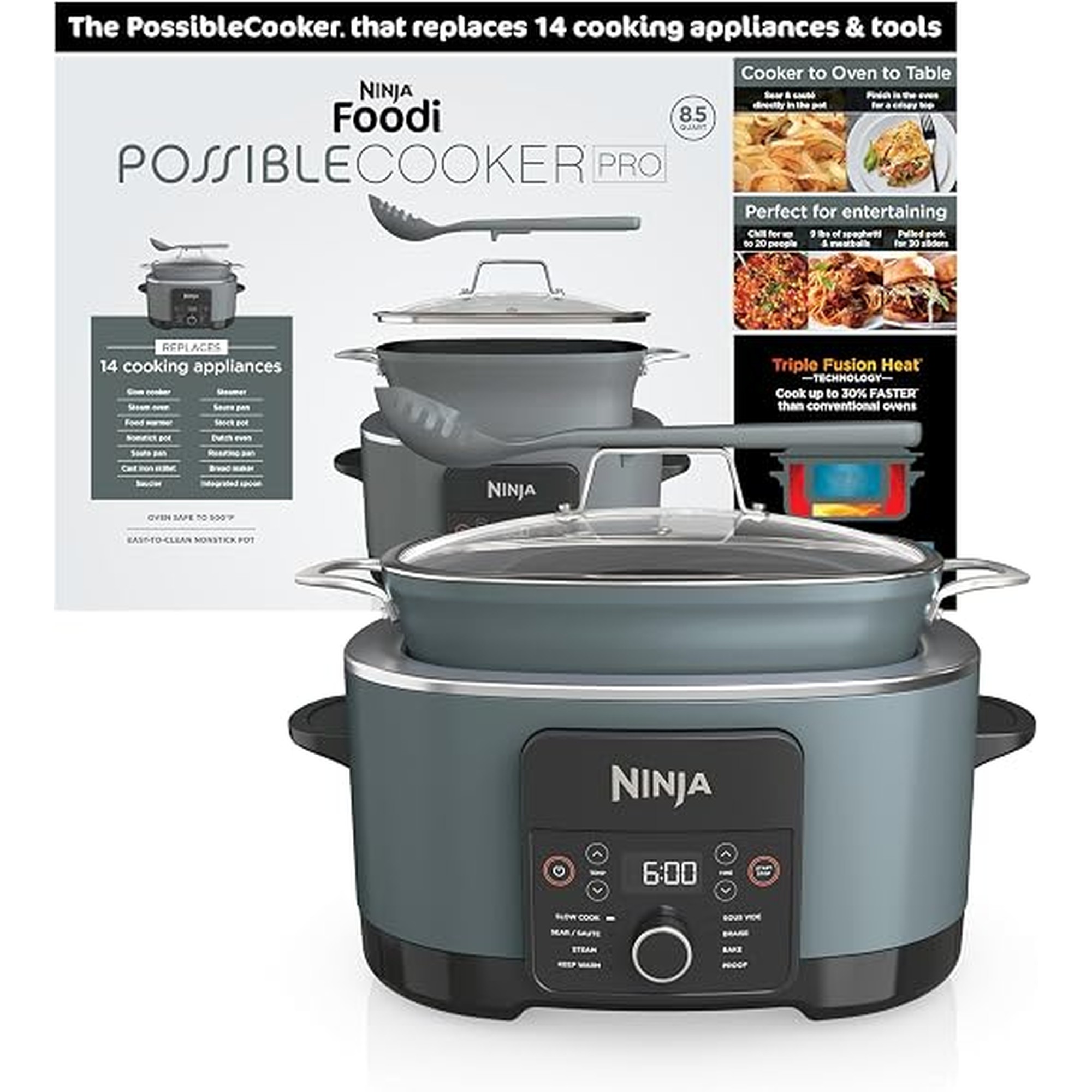 NinjaÂ® 14-in-1 PossibleCookerâ„¢ PRO | 8.5qt, Sous Vide, Proof, Bake, & Steam Multicooker | Slow Cooker, Dutch Oven | Glass Lid & Integrated Spoon | Nonstick, Oven Safe Pot 500Â°F | Sea Salt Gray |MC1001