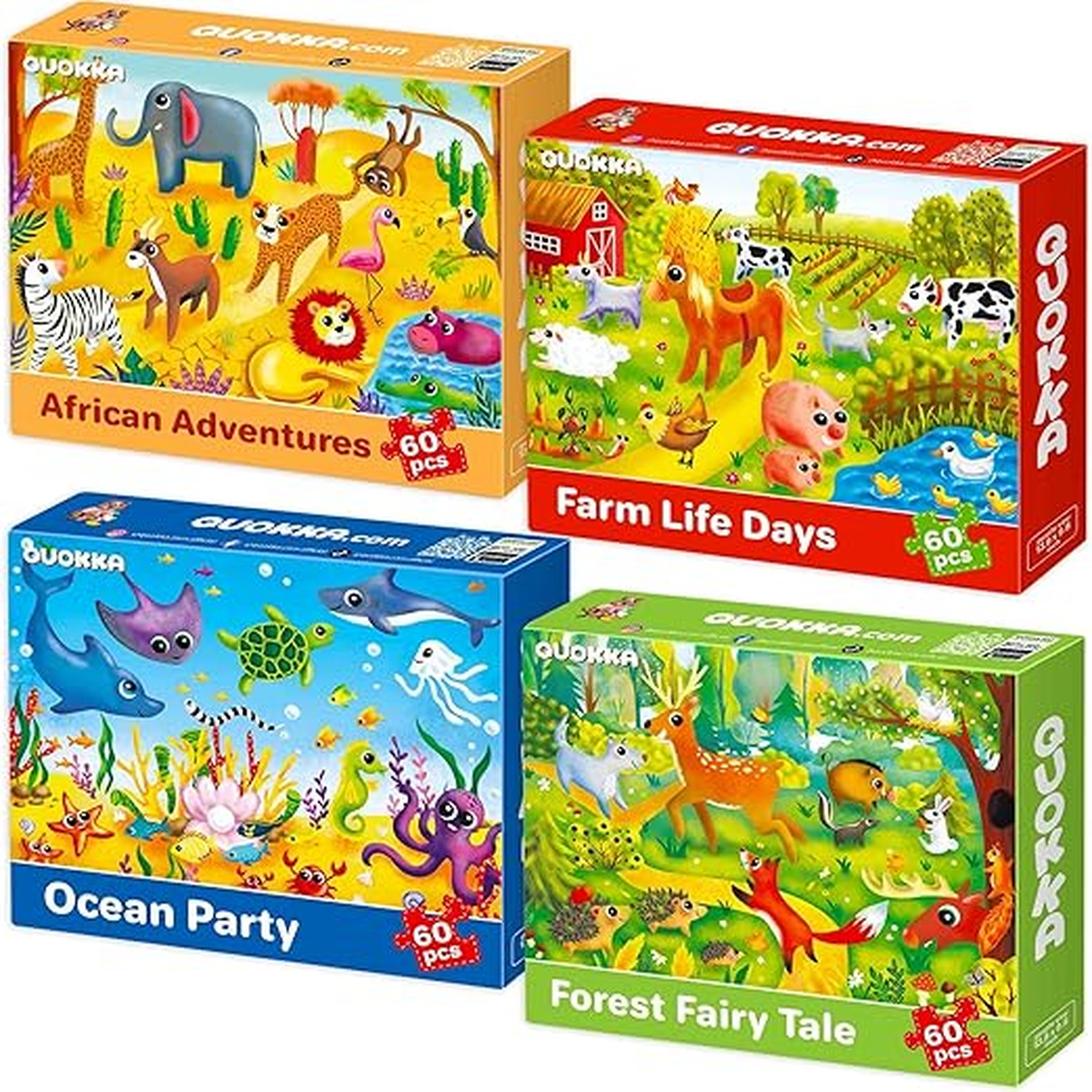 QUOKKA Puzzles for Kids Ages 4-6 - Set of 4x60 Jigsaw Puzzles for Toddlers 3-5 - Animals Toys for Children 6-8 yo - Gift Educational Game for Boys & Girls