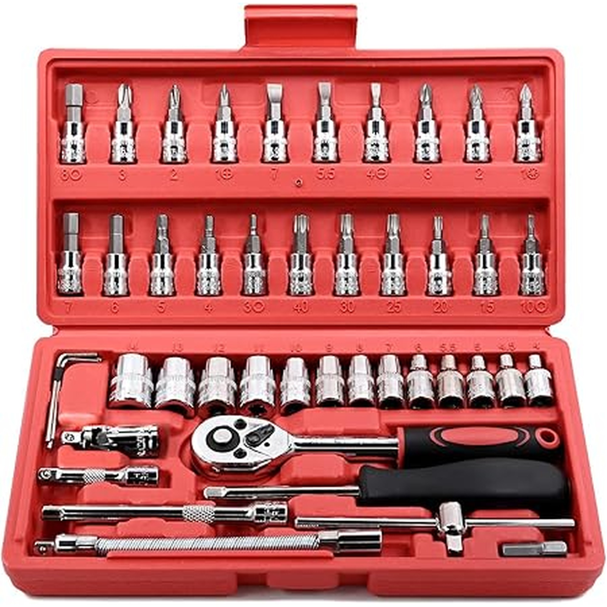 Egofine 46 Pieces 1/4 inch Drive Socket Ratchet Wrench Set, with Bit Socket Set Metric and Extension Bar for Auto Repairing and Household, with Storage Case