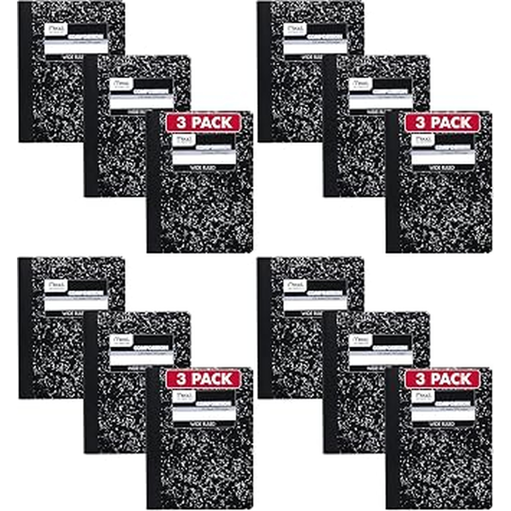 Mead Composition Notebook, 12 Pack, Wide Ruled Paper, 7-1/2" x 9-3/4", 100 Sheets per Comp Book, Black Marble (38301)