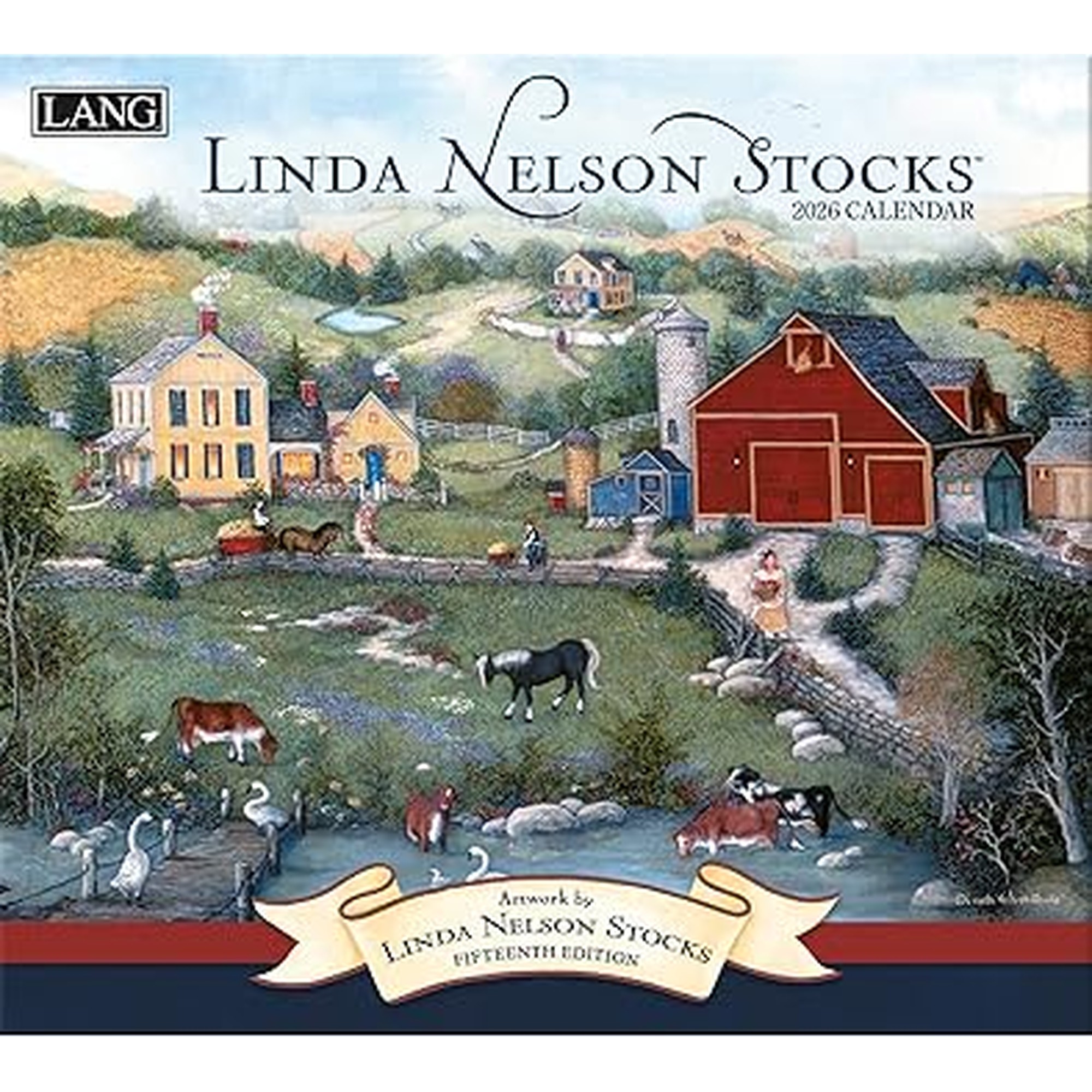 Lang Linda Nelson Stocks 2026 Wall Calendar â€“ 13.4" Ã— 12", 12-Month Calendar with Stapled Binding, Linen-Embossed Americana Art, Nostalgic Small-Town & Countryside Scenes