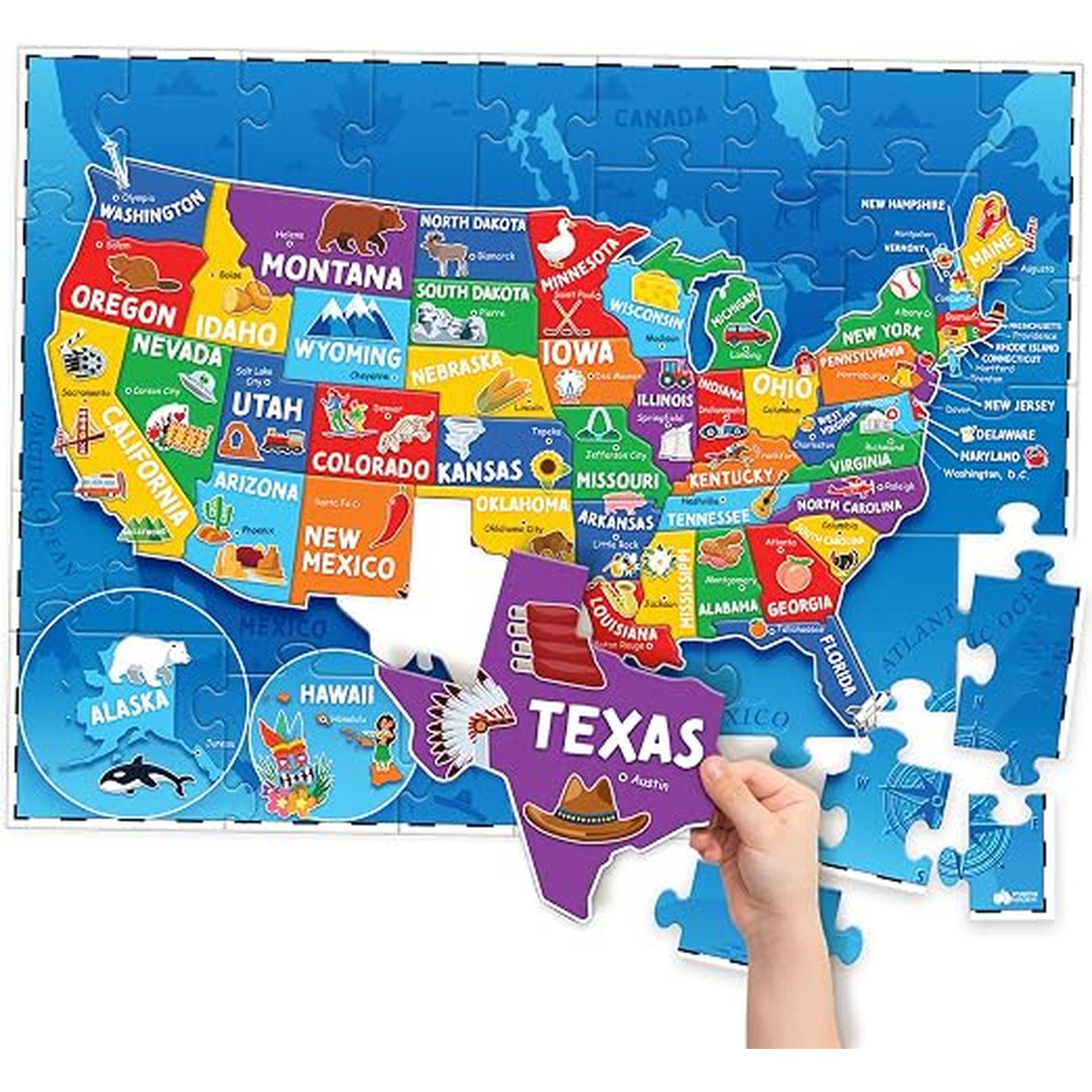 United States Puzzles for Kids Ages 4-6 - Educational Toys for Boys & Girls - 70Pcs USA Map Kids Puzzle with 50 States & Capitals - Floor Jigsaw Puzzles - Fun Learning Activities & Gifts for Children
