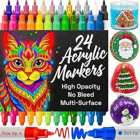 ARTISTRO 24 Acrylic Paint Markers for Rock, Fabric, Wood, Glass, Craft, Decoration - Dual-Tip Paint Pens - Stocking Stuffers, Christmas Gift Idea for Teens, Grandkids, Kids - Art Supplies
