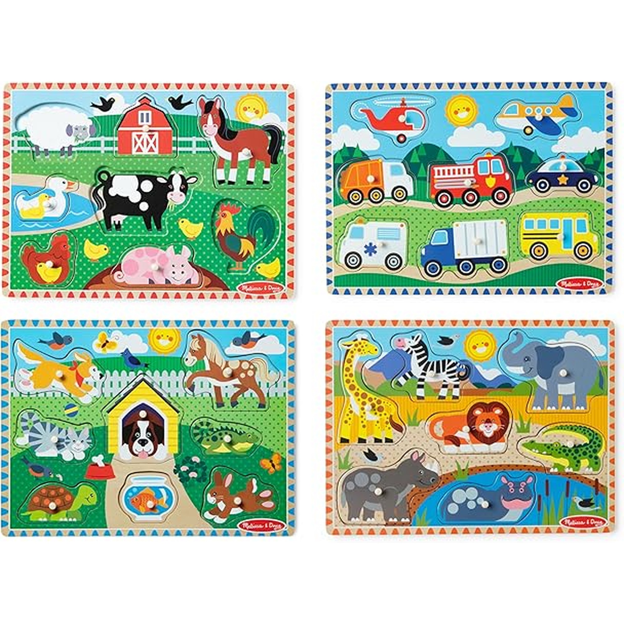 Melissa & Doug Wooden Peg Puzzle Set â€“ 4-Pack Vehicle, Farm, Safari & Pet Animal Themes â€“ Educational Puzzles for Toddlers and Preschoolers Ages 2+