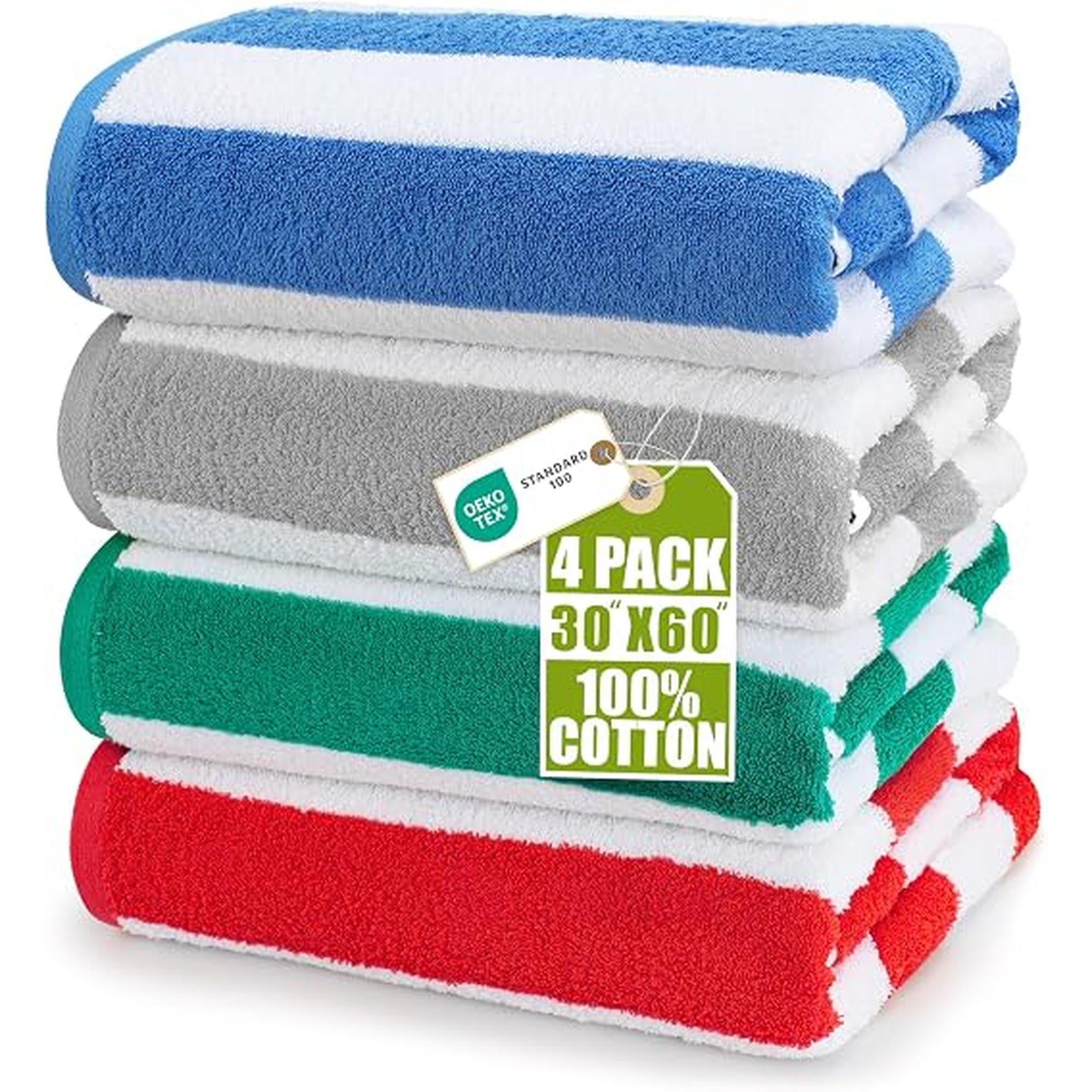 Utopia Towels Pack of 4 Cabana Beach Towels, Oversized 30 x 60 Inches Cotton Beach Towel Set, Smooth Ring Spun Texture for Pool and Swim Days, Modern Striped Design Bath Towels