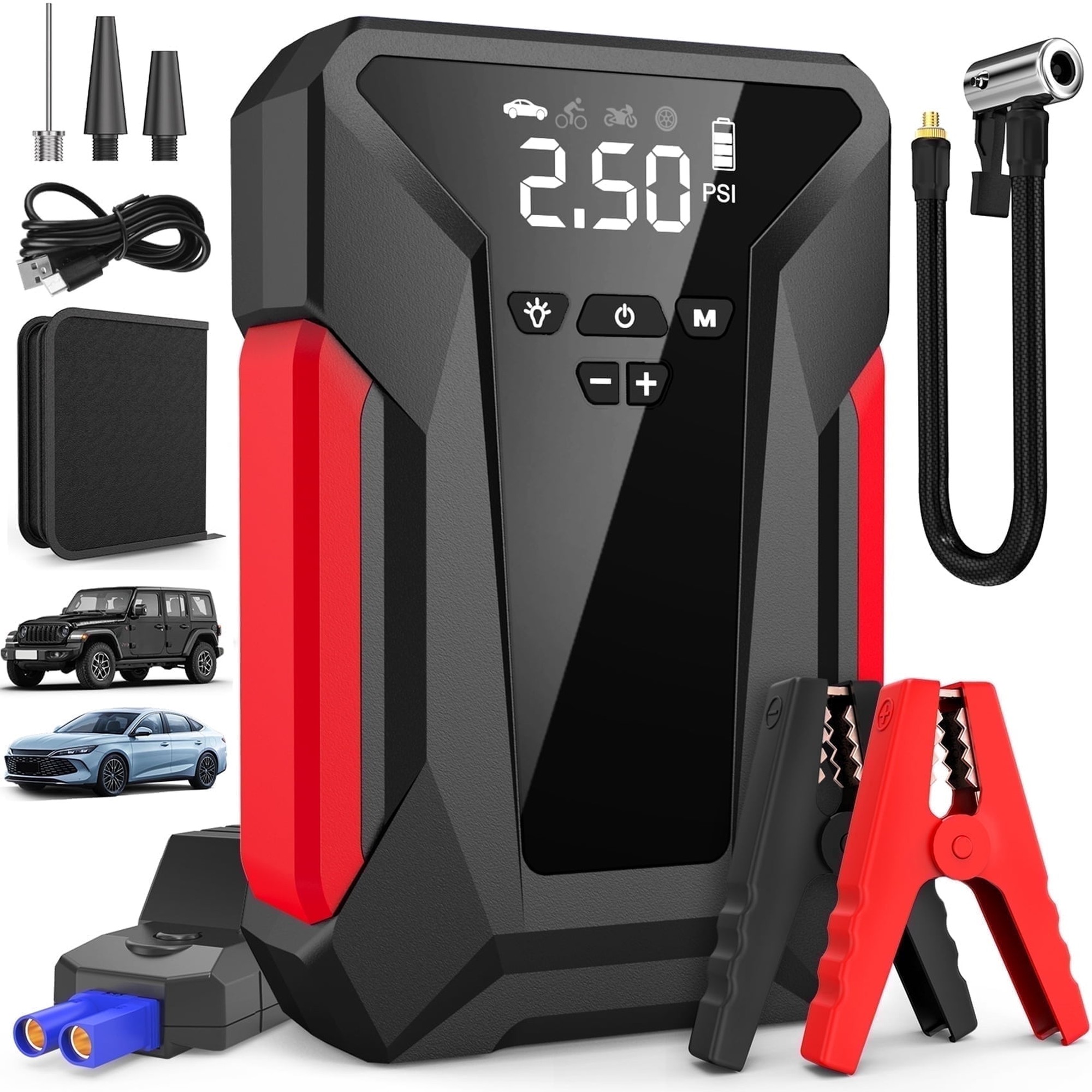 8-in-1 Emergency Jump Starter & Tire Inflator â€“ 4000A Peak for Gas/Diesel Engines, 150PSI Auto-Stop Air Compressor, LED Light + Power Bank | All-Climate (-40Â°F) Roadside Savior