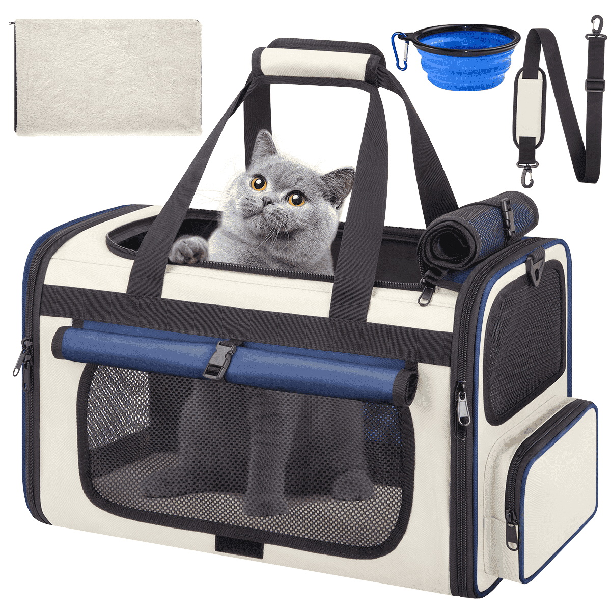 CshidWorld Collapsible Cat Carrier Pet Carrier for Large Cats (up to 25lbs), TSA Airline Approved Cats Carrier Soft Sided, Small Dog Travel Bag with a Bowl/Safety Leash-Blue