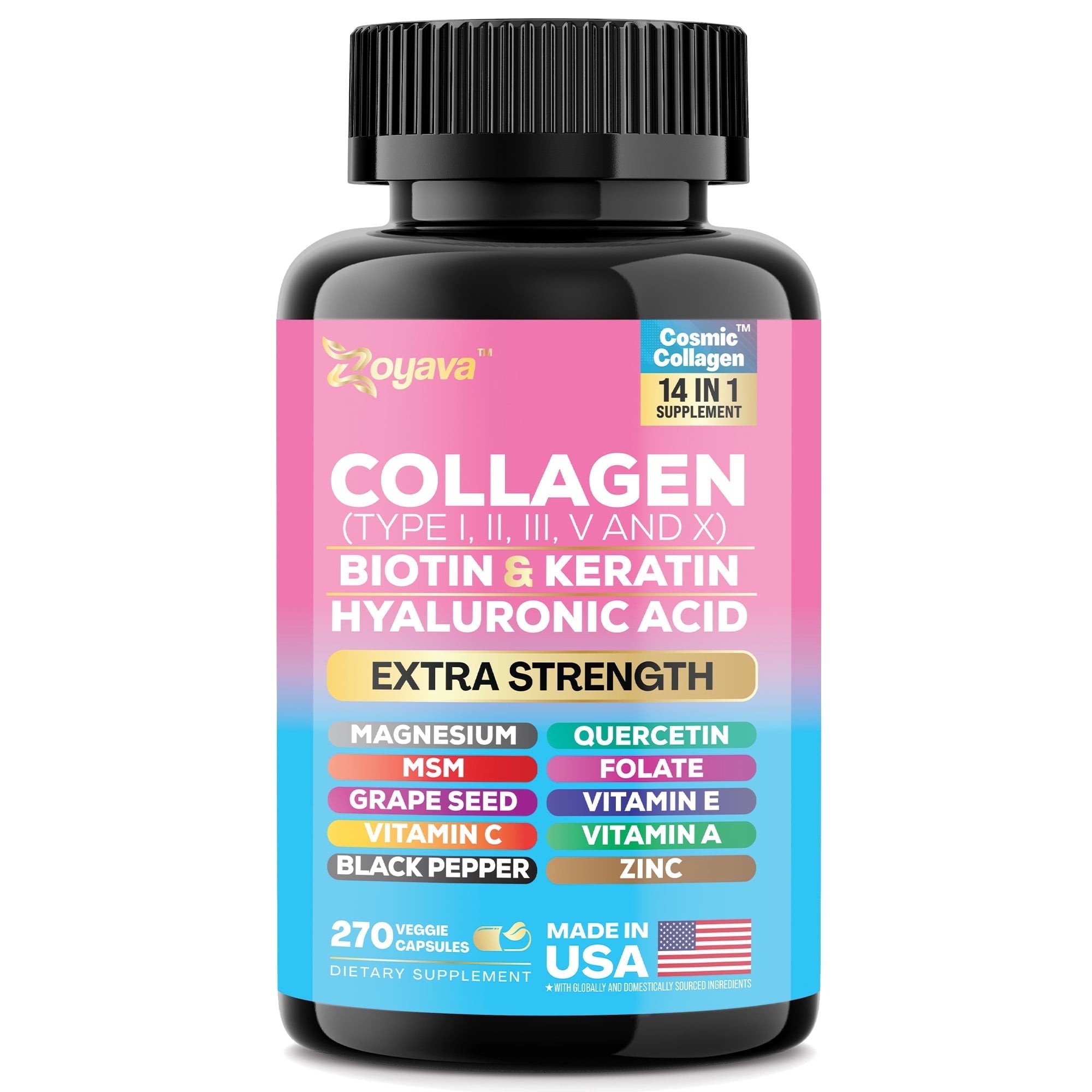 Collagen Pills Peptides Types I, II, III, V & X 64,000 MCG Biotin Keratin Hyaluronic Acid MSM Vitamin A Vitamin C Vitamin E Folic Acid Zinc Magnesium with Grape Seed Extract, Quercetin (270 Caps)