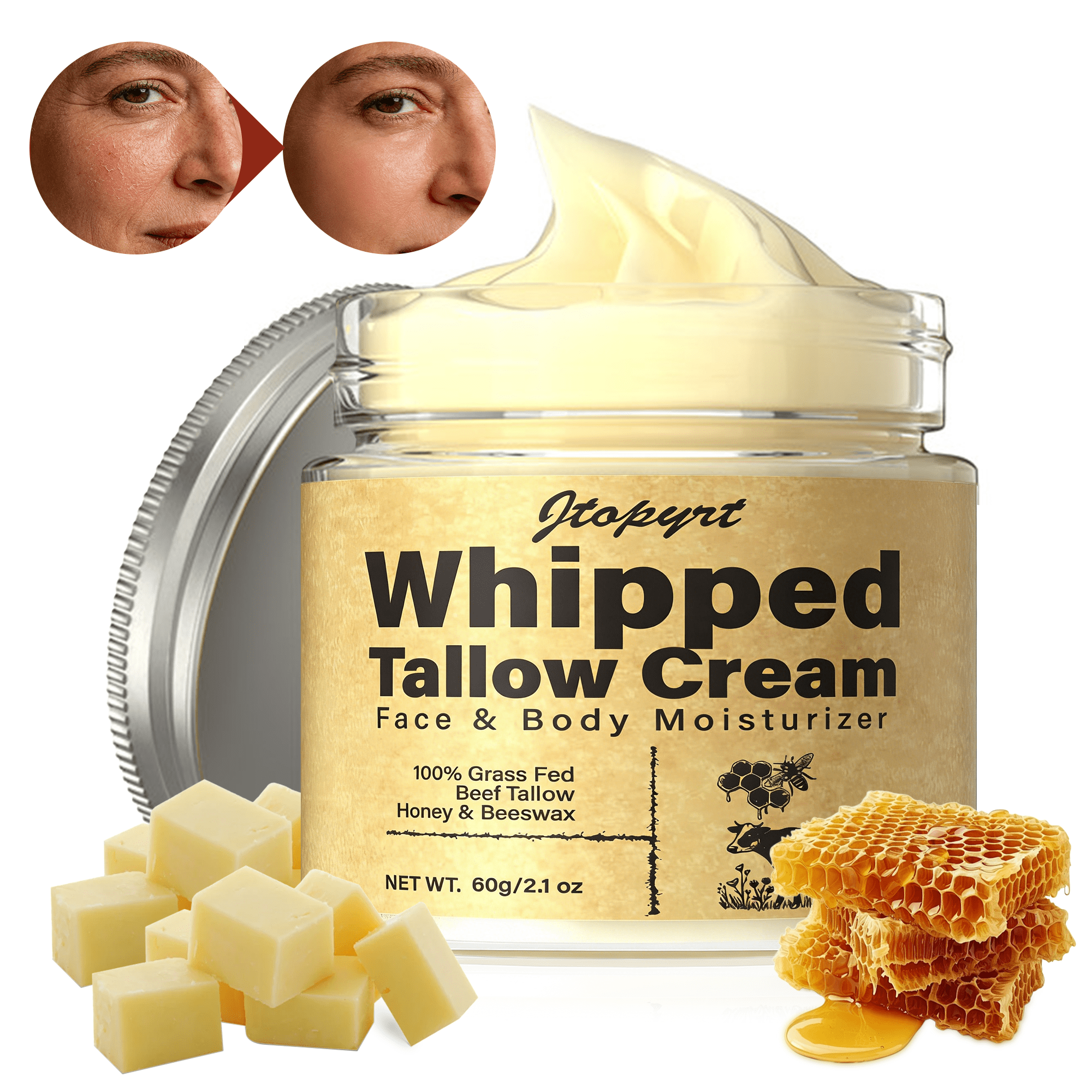 Jtopyrt Beef Tallow for Skin,Tallow Moisturizer for Face & Body - Natural Skin Care for Women and Men (60g)