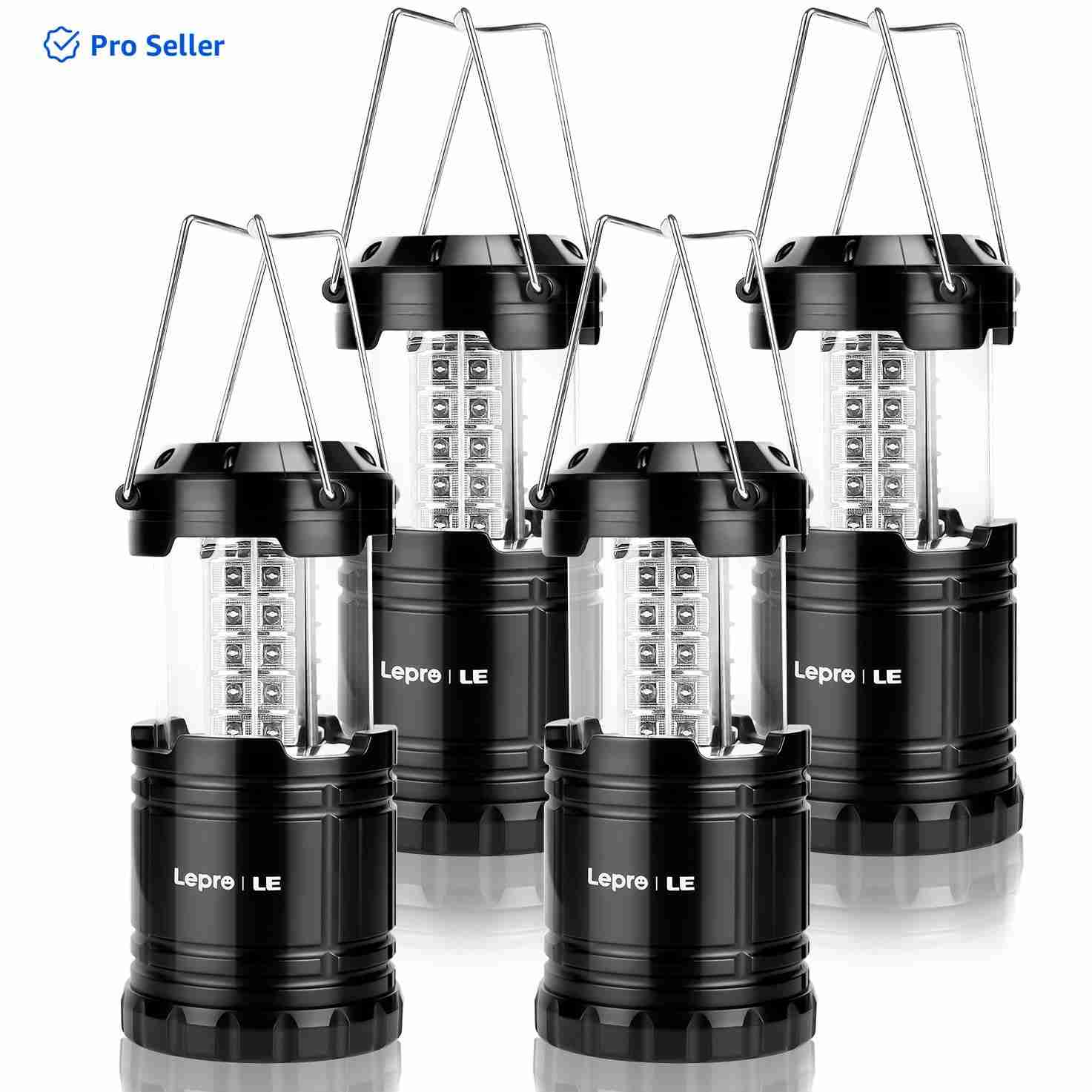 Lepro LED Collapsible Camping Lantern 4-Packs, Super Bright, Battery Powered Camping Light, IPX4 Water Resistant, Portable Emergency Lights for Power Outage, Hurricane, Storms