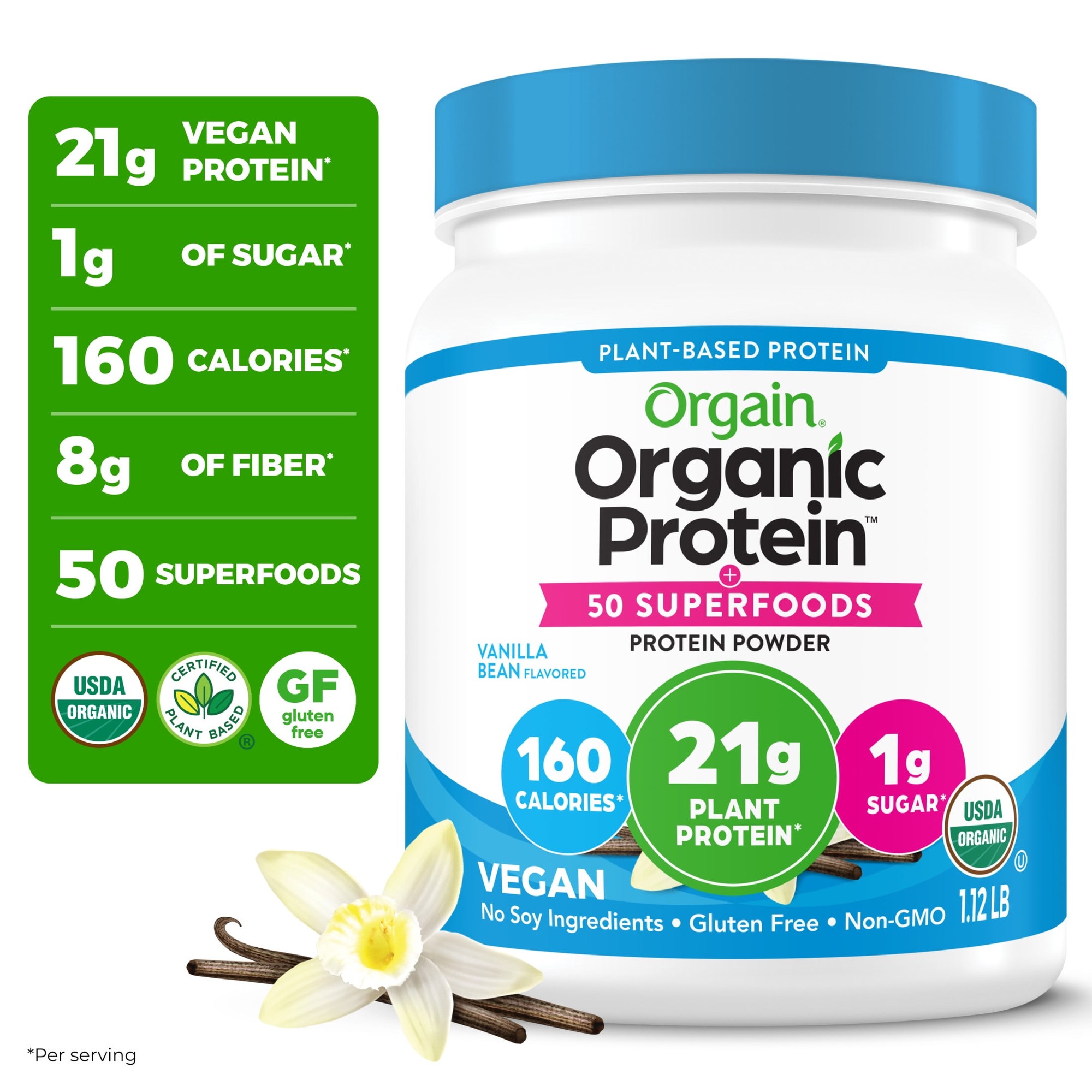 Orgain Organic Vegan 21g Protein + 50 Superfoods Powder, Plant Based Shake Drink, Vanilla Bean 1.12lb