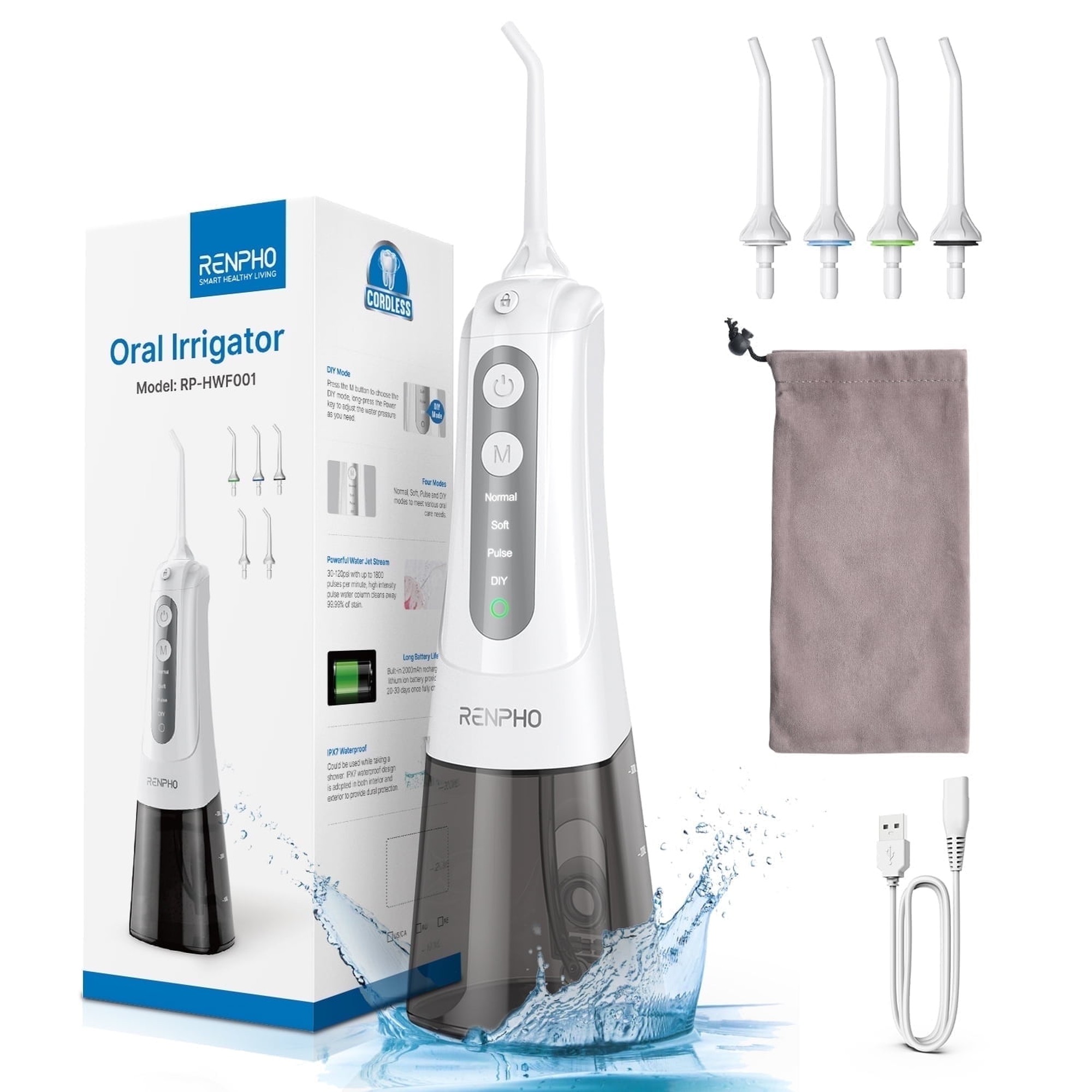 RENPHO Rechargeable Water Flosser Portable Oral Irrigator, Cordless Dental Water Pick, White