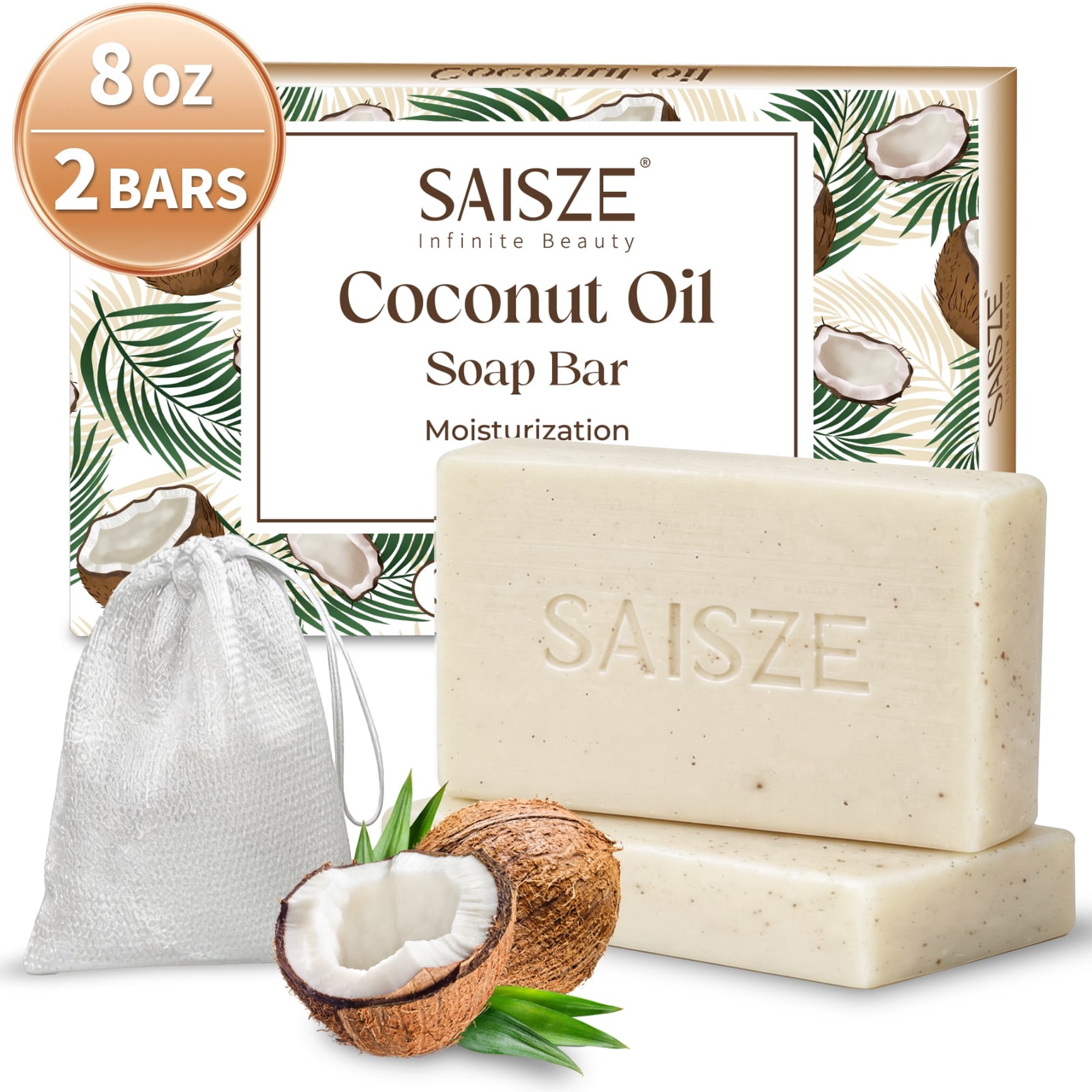 SAISZE Coconut Oil Soap Bar, Moisturizing Coconut Bar Soap for Face & Body with Coconut Oil & Olive Oil, Handmade Bath Soap, 4 Oz, 2 Pack