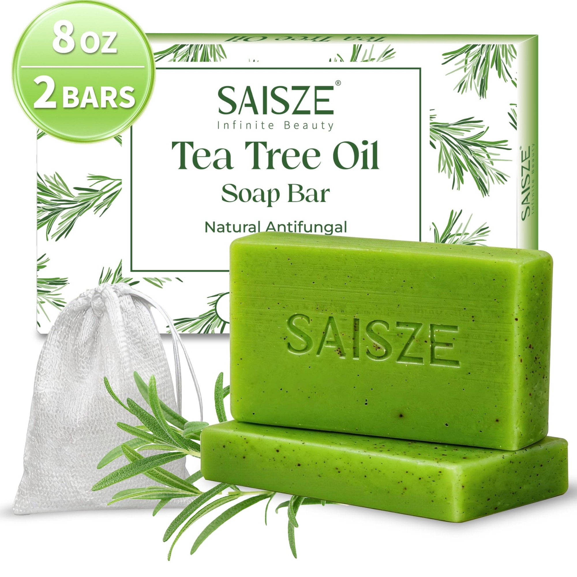 SAISZE Tea Tree Soap, Gentle Antifungal Handmade Bath Soap with Tea Tree Oil & Olive Oil for Adults & Kid All Skin Types, 4 oz Ã— 2 Pack