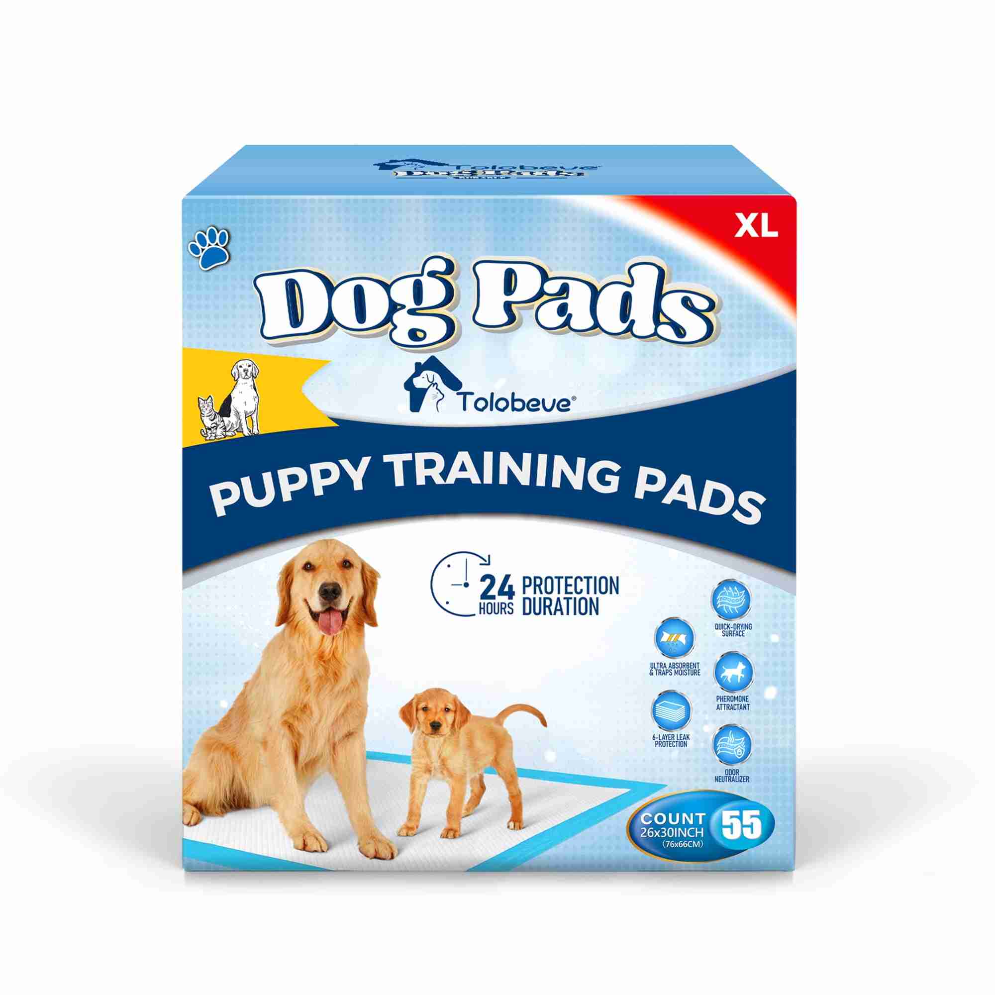 Tolobeve Puppy Dog Absorbent Training Pads, XL, 26 in x 30 in, 55 Count Disposable Pee Pad